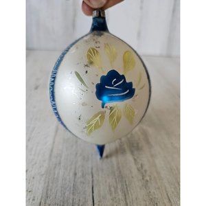 Antique blue flower rose glass ornament striped teardrop Mercury Xmas tree